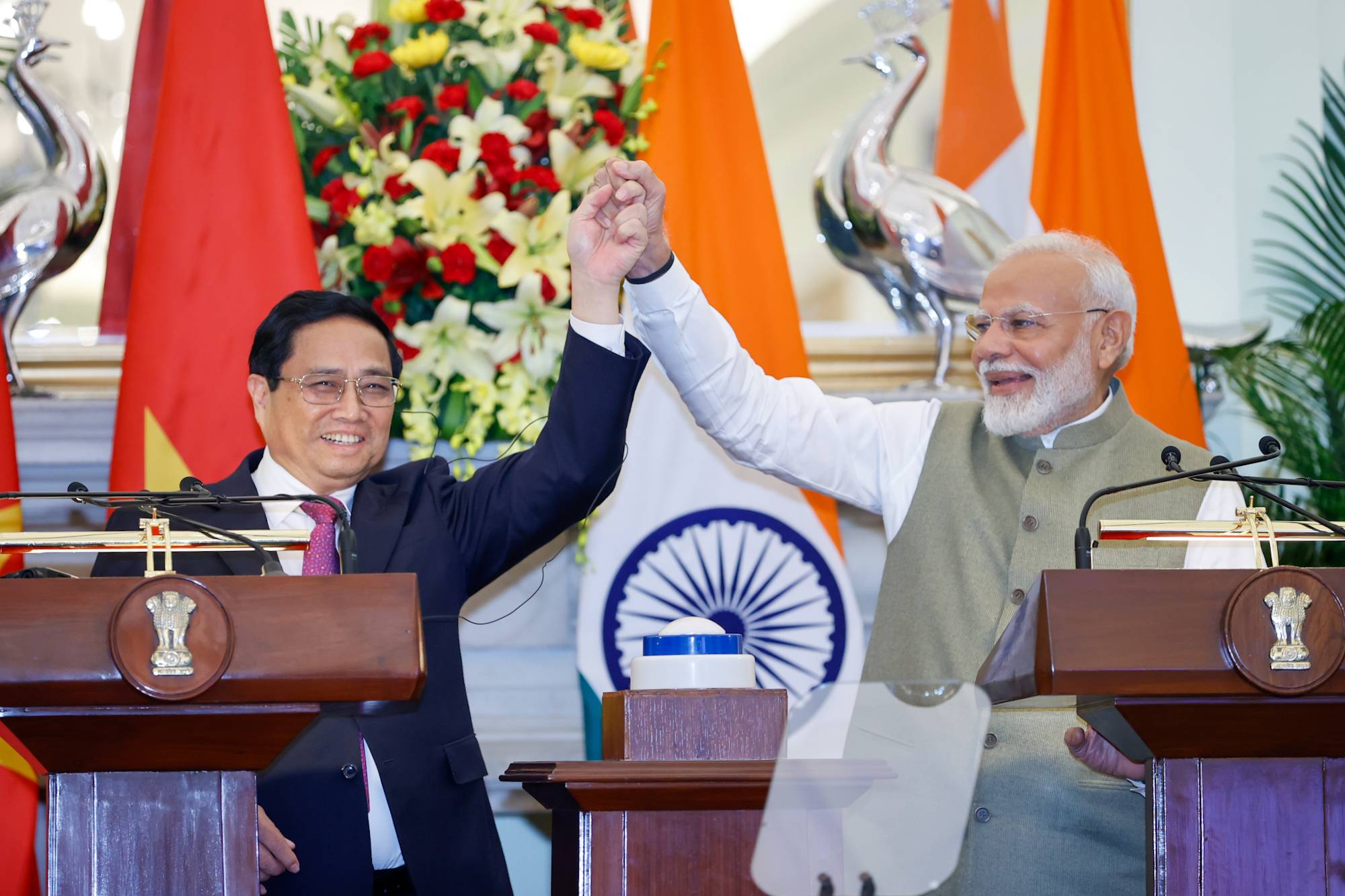 Thủ tướng Phạm Minh Chính và Thủ tướng Ấn Độ Narendra Modi cho biết, hai bên đánh giá Việt Nam - Ấn Độ là những người bạn luôn sát cánh bên nhau trong suốt chiều dài lịch sử, hiện tại và tương lai - Ảnh: VGP/Nhật Bắc